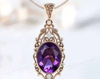 Natural Amethyst Pendant For Women Oval Cut Purple Gemstone Necklace Art Deco Filigree Style Wedding Pendant Unique Handmade Pendant For Her