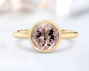 Peach Pink Morganite Engagement Ring 14k Gold Morganite Wedding Ring Bezel Set Engagement Ring Vintage Morganite Bridal Promise Ring For Her
