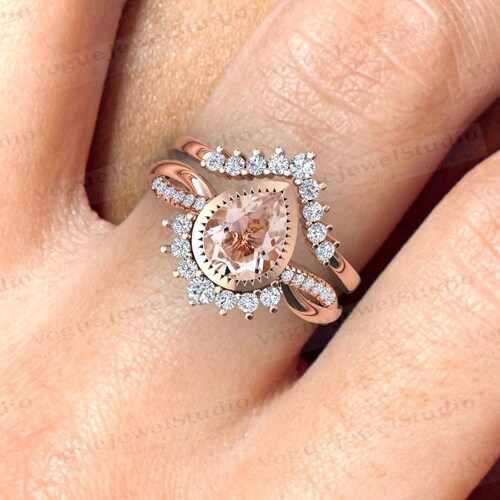 Pear Shaped Morganite Engagement shops Ring Set Art Deco Morganite Antique Wedding Ring Set 925 Silver Morganite 2 Piece Bridal Promise Ring Set
