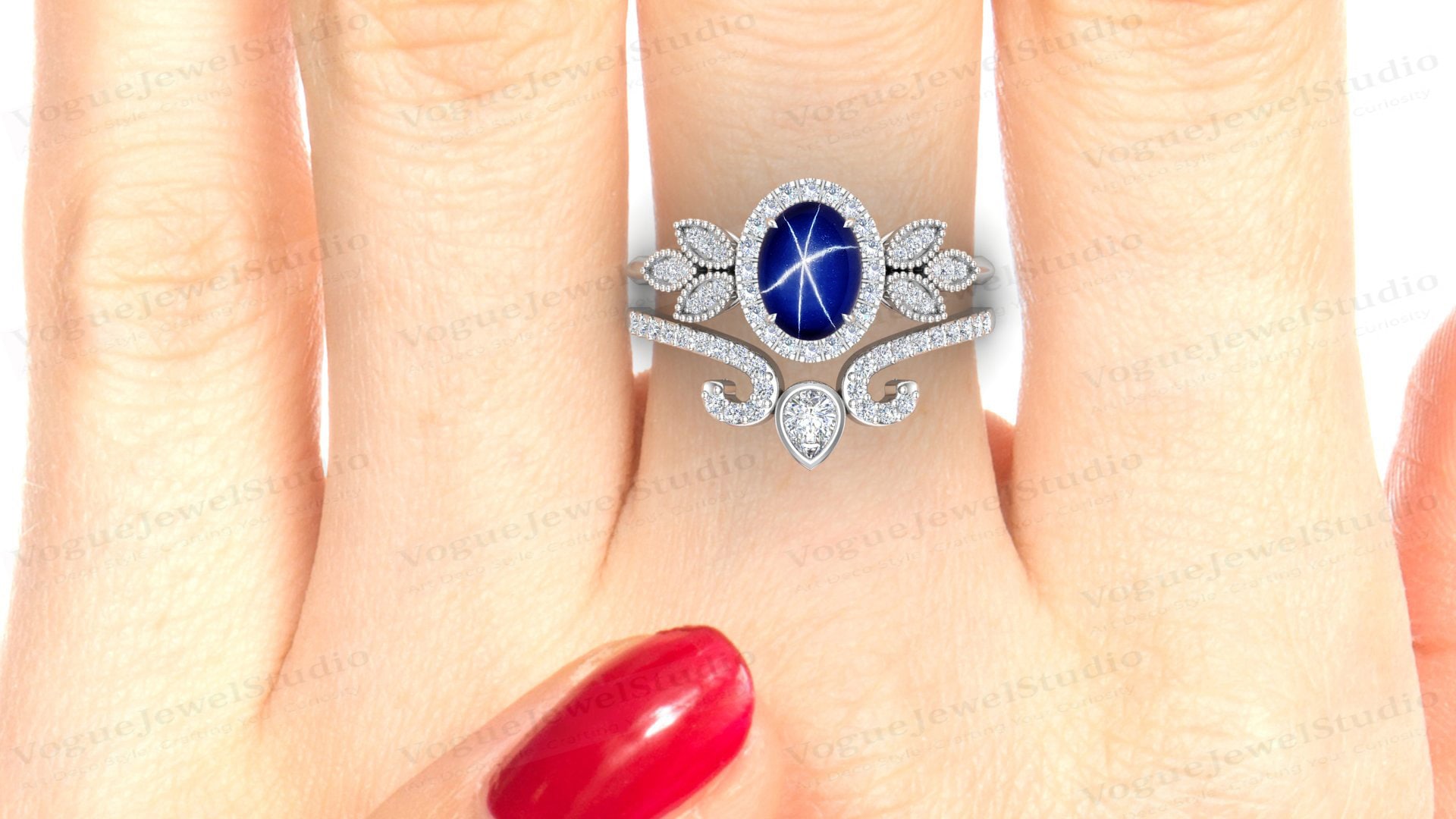 14k Rose Gold Blue Star Sapphire Engagement Ring Set Oval Shaped Blue Star Sapphire Wedding Ring Set Art Deco Leaf Style Engagement Ring Set