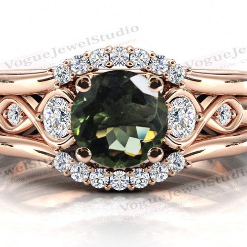 Art Deco Moldavite Engagement Ring Set Round Cut Moldavite Antique Wedding Ring Set Vintage Moldavite Bridal Anniversary Ring Set shops For Women