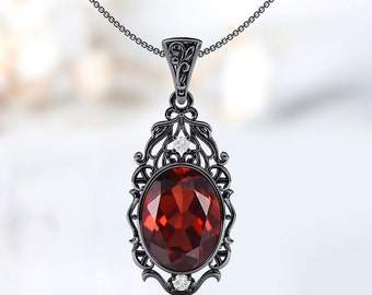 Vintage Red Garnet Pendant For Women 925 Sterling Silver Garnet Wedding Pendant Unique Statement Pendant Art Deco Filigree Style Necklace