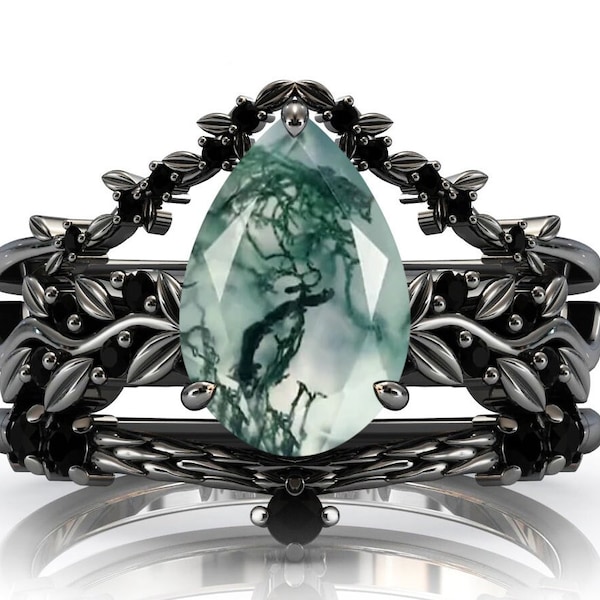 Vine Leaf Style Moss Agate Engagement Ring Set Pear Shaped Moss Agate 3Piece Bridal Ring Set 925 Silver Moss Agate Art Deco Wedding Ring Set