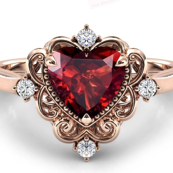 Antique Red Garnet Engagement Ring For Women Heart Shape Garnet Art Deco Wedding Ring Unique Filigree Design Ring Vintage Garnet Bridal Ring