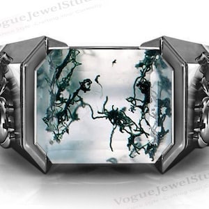 Vintage Moss Agate Signet Ring Gift For Him Unique Man Statement Ring Emerald Cut Moss Agate Man Wedding Ring 925 Silver Unisex Ring For Man