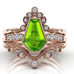 Antique Coffin Shaped Peridot Engagement Ring Set 14k Gold Peridot Art Deco Wedding Ring Vintage Peridot 3 Piece Bridal Promise Ring Set
