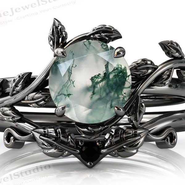 Art Deco Leaf Design Moss Agate Engagement Ring Set Vintage Moss Agate Wedding Ring Set Antique 2 Piece Bridal Ring Set Anniversary Ring Set