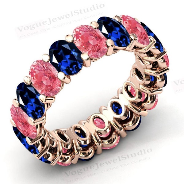 Art Deco Padparadscha Sapphire Eternity Wedding Band 14k Gold Blue Sapphire Wedding Band Unique Cluster Multi Gemstone Band Anniversary Gift