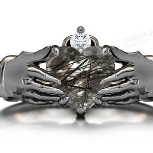 Claddagh Style Black Rutilated Quartz Engagement Ring Heart Shape Rutile Quartz Wedding Ring Art Deco Claddagh Wedding Ring Anniversary Gift