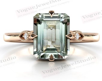 3ct Emerald Cut Green Amethyst Engagement Ring For Women 14k Gold Green Amethyst Solitaire Wedding Ring Vintage Emerald Bridal Promise Ring