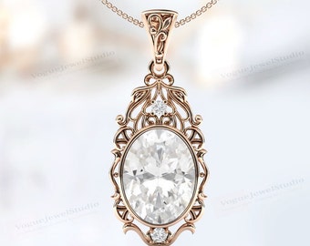 Ciondolo unico con topazio bianco per donna, in argento sterling, con topazio bianco, collana da matrimonio, ciondolo in stile filigrana Art Déco, regalo di anniversario antico