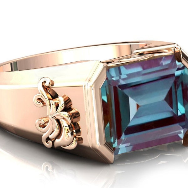 Vintage Alexandrite Engagement Ring 14k Gold Alexandrite Signet Ring Emerald Cut Alexandrite Ring Antique Unisex Ring Statement Ring For Man