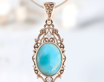 Unieke Perfact Larimar-hanger voor vrouwen Rose gouden larimar bruiloft ketting cabochon edelsteen hanger art deco filigraan ketting voor vrouw