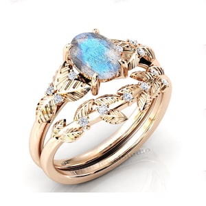 Vintage Labradorite Engagement Ring Set 14k Gold Labradorite Bridal Promise Ring Set Natural Blue Fire Labradorite Leaf Wedding Ring Set