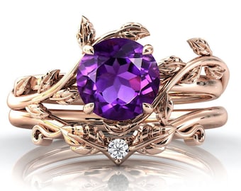 14k Gold Amethyst Engagement Ring Set Art Deco Amethyst Antique Wedding Ring Set Unique 2pcs Bridal Ring Set Vine Leaf Engagement Ring Set