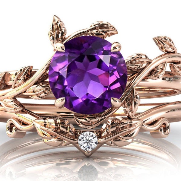 14k Gold Amethyst Engagement Ring Set Art Deco Amethyst Antique Wedding Ring Set Unique 2pcs Bridal Ring Set Vine Leaf Engagement Ring Set