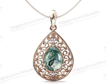 Art Deco Leaf Style Moss Agate Pendant For Women Antique Floral Design Pendant Pear Shaped Filigree Style Necklaces Anniversary Gift For Her