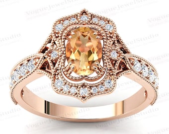 Anillo de compromiso de citrino de oro rosa de 14k Anillo de boda de citrino de forma ovalada Anillo de compromiso Art Deco Milgrain Anillo de promesa nupcial de citrino vintage