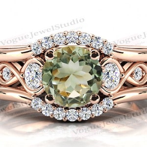 Unique Green Amethyst Engagement Ring Set 14k Gold Green Amethyst Art Deco Wedding Ring Set Vintage Green Amethyst 3 Piece Bridal Ring Set