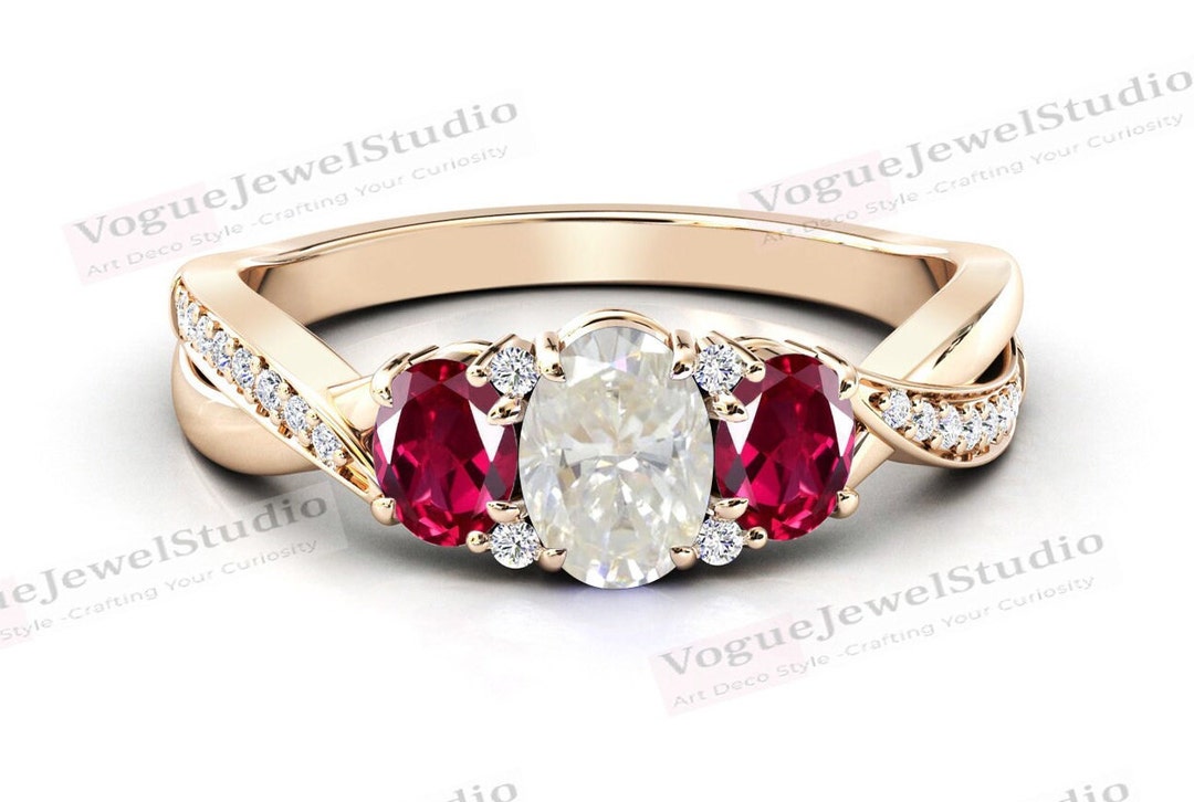14k Rose Gold Moissanite Wedding Ring Art Deco Ruby Bridal Ring Vintage ...