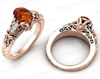 14k oro Maderia Citrine anillo de compromiso Art Deco Maderia Citrine mujeres anillo de boda filigrana anillo de compromiso único anillo de aniversario nupcial