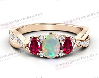 Natural Opal Wedding Ring For Women 14k Rose Gold Ruby Engagement Ring Vintage Opal Bridal Ring Unique Multi Gemstone Cluster Wedding Ring