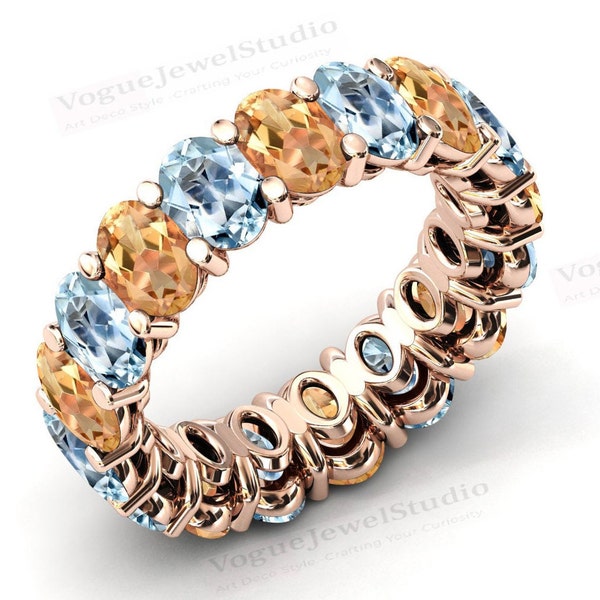 Antique Aquamarine Eternity Band For Women Art Deco Cluster Multi Gemstone Band Natural Aquamarine & Citrine Eternity Wedding Band For Her