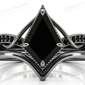 Art Deco Kite Shaped Black Onyx Engagement Ring Set 925 Sterling Silver Black Onyx Wedding Ring Set Antique Black Onyx 2pcs Bridal Ring Set