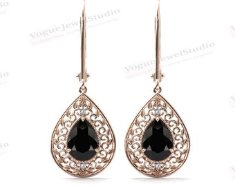 Unique Black Onyx Earrings For Her Pear Shaped Black Onyx Earrings For Women Art Deco Filigree Design Earrings Vintage Leaf Style Earrings