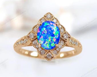 Natural Blue Opal Wedding Ring For Women 14k Gold Blue Opal Engagement Ring Vintage Blue Opal Bridal Anniversary Ring Unique Promise Ring
