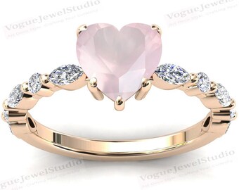 Antique Heart Shaped Rose Quartz Engagement Ring 925 Silver Rose Quartz Wedding Ring Solitaire Engagement Ring Art Deco Quartz Bridal Ring