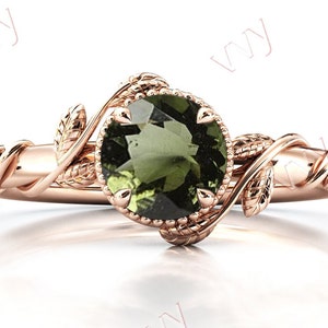 Vintage Moldavite Engagement Ring 14k Gold Moldavite Antique Wedding Ring Art Deco Leaf Style Moldavite Bridal Anniversary Ring For Women