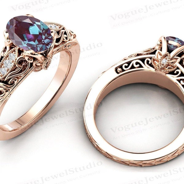 14k Gold Alexandrite Engagement Ring Oval Cut Alexandrite Wedding Ring Art Deco Filigree Style Ring Vintage Alexandrite Bridal Promise Ring