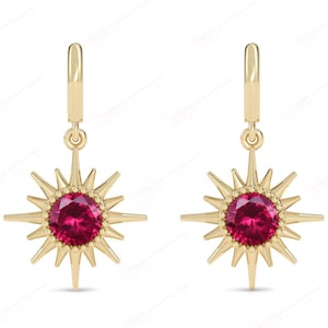 Starburst Ruby Hoop Earrings For Women 14k Gold Ruby Wedding Earrings Art Deco Minimalist Earrings Starburst  Huggie Hoop Earrings For Her