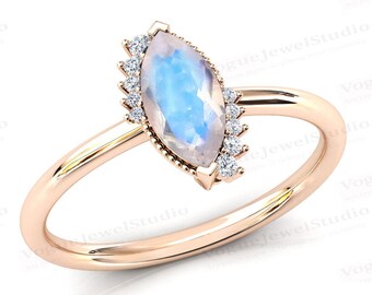 Natural Moonstone Engagement Ring Marquise Cut Moonstone Wedding Ring for Women Anniversary Gift 14k Rose Gold Moonstone Bridal Promise Ring