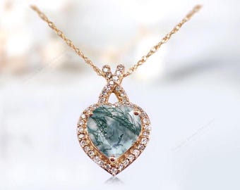 Natural Green Moss Agate Pendant For Women Art Deco Green Gemstone Pendant Heart Shape Moss Agate Halo Wedding Pendant Anniversary Gift