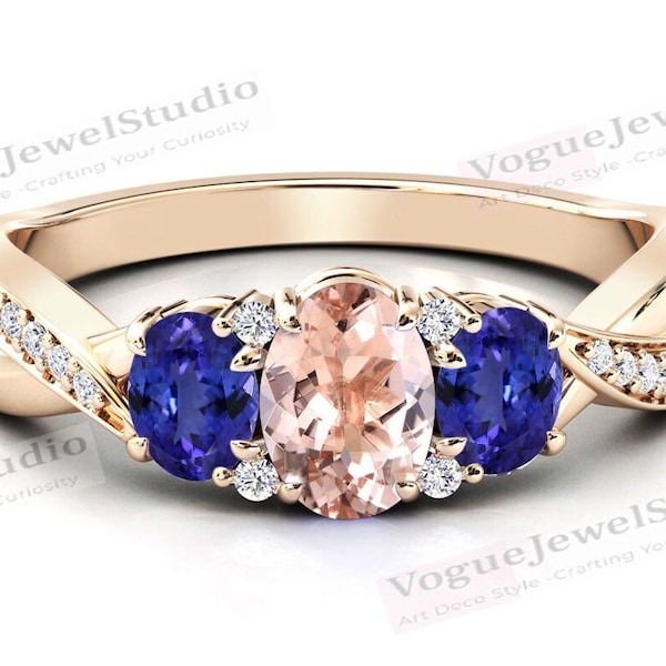 Peach Pink Morganite Engagement Ring 925 Sterling Silver Morganite Women Wedding Ring Vintage Tanzanite Bridal Promise Ring Anniversary Gift