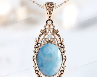 Art deco filigraan stijl hanger voor vrouwen ovaal geslepen larimar bruiloft hanger vintage bruids ketting unieke cabochon edelsteen hanger voor haar
