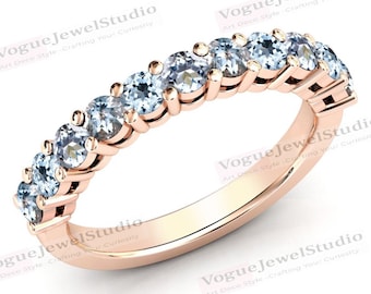 Vintage Aquamarine Half Eternity Engagement Band Antique Aquamarine Staking Band For Her Art Deco Aquamarine Eternity Wedding Band For Women