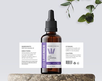 Diseño de etiqueta para botella con gotero de aceite esencial - Diseño de etiqueta para botella DIY - Etiqueta de 2 oz y 4 oz - Etiqueta de producto personalizada - Plantilla de etiqueta editable