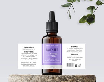 Diseño de etiqueta para botella con gotero de aceite esencial - Diseño de etiqueta para botella DIY - Etiqueta de 2 oz y 4 oz - Etiqueta de producto personalizada - Plantilla de etiqueta editable