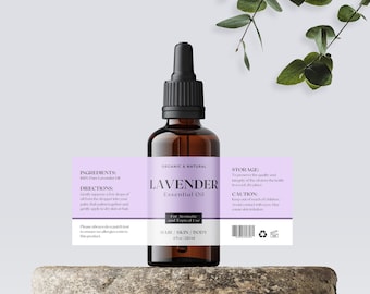 Diseño elegante de etiqueta de aceite esencial con gotero - Etiqueta para botella DIY - Etiqueta de 2 oz y 4 oz - Plantilla de etiqueta editable - Etiqueta de producto personalizada