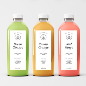 Modèle d'étiquette de bouteille de jus modifiable, jus pressé à froid Canva, conception d'étiquette de smoothie, étiquette de bouteille de boisson, étiquettes de 8 oz, 12 oz, 16 oz