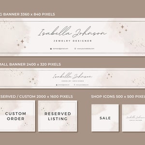 Pu&ograve; includere: Un set di banner per i social media per un designer di gioielli. I banner presentano uno sfondo ad acquerello con glitter dorati e stelle. Il testo sui banner recita "Isabella Johnson Jewelry Designer".