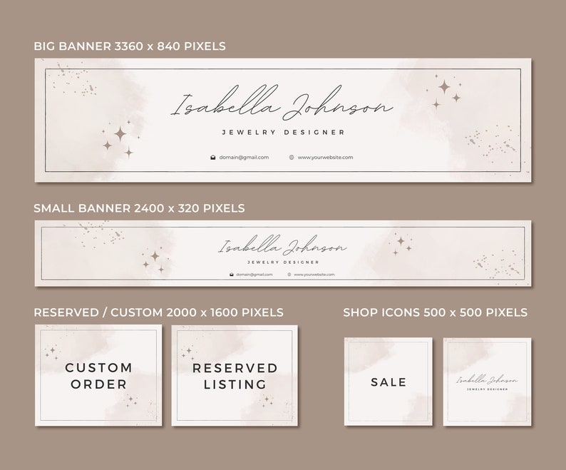 Pu&ograve; includere: Un set di banner per i social media per un designer di gioielli. I banner presentano uno sfondo ad acquerello con glitter dorati e stelle. Il testo sui banner recita "Isabella Johnson Jewelry Designer".