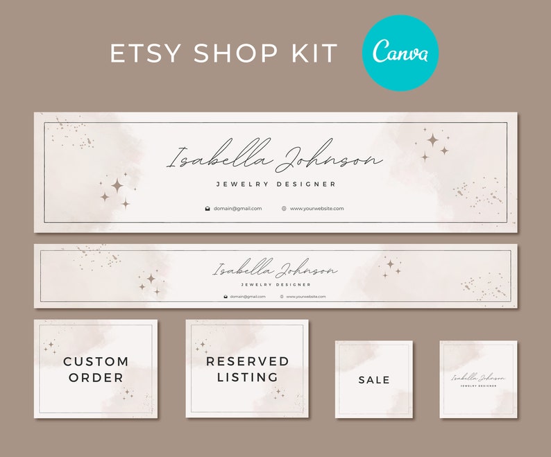 Pu&ograve; includere: Banner per negozio Etsy e grafica per i social media con uno sfondo ad acquerello con glitter dorati e stelle. Il testo recita "Isabella Johnson Jewelry Designer" con informazioni di contatto e le parole "Ordine personalizzato", "Elenco riservato" e "Vendita".