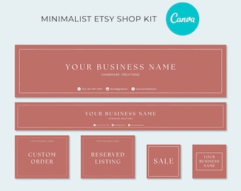 Könnte beinhalten: Ein Satz von fünf Etsy-Shop-Banner-Vorlagen im minimalistischen Stil. Die Banner sind in einem hellbraunen Farbton mit weißem Text. Die Banner umfassen ein Kopfbanner, ein langes Banner und drei quadratische Banner. Der Text auf den Bannern lautet "YOUR BUSINESS NAME", "HANDMADE CREATIONS", "CUSTOM ORDER", "RESERVED LISTING", "SALE" und "YOUR BUSINESS NAME".