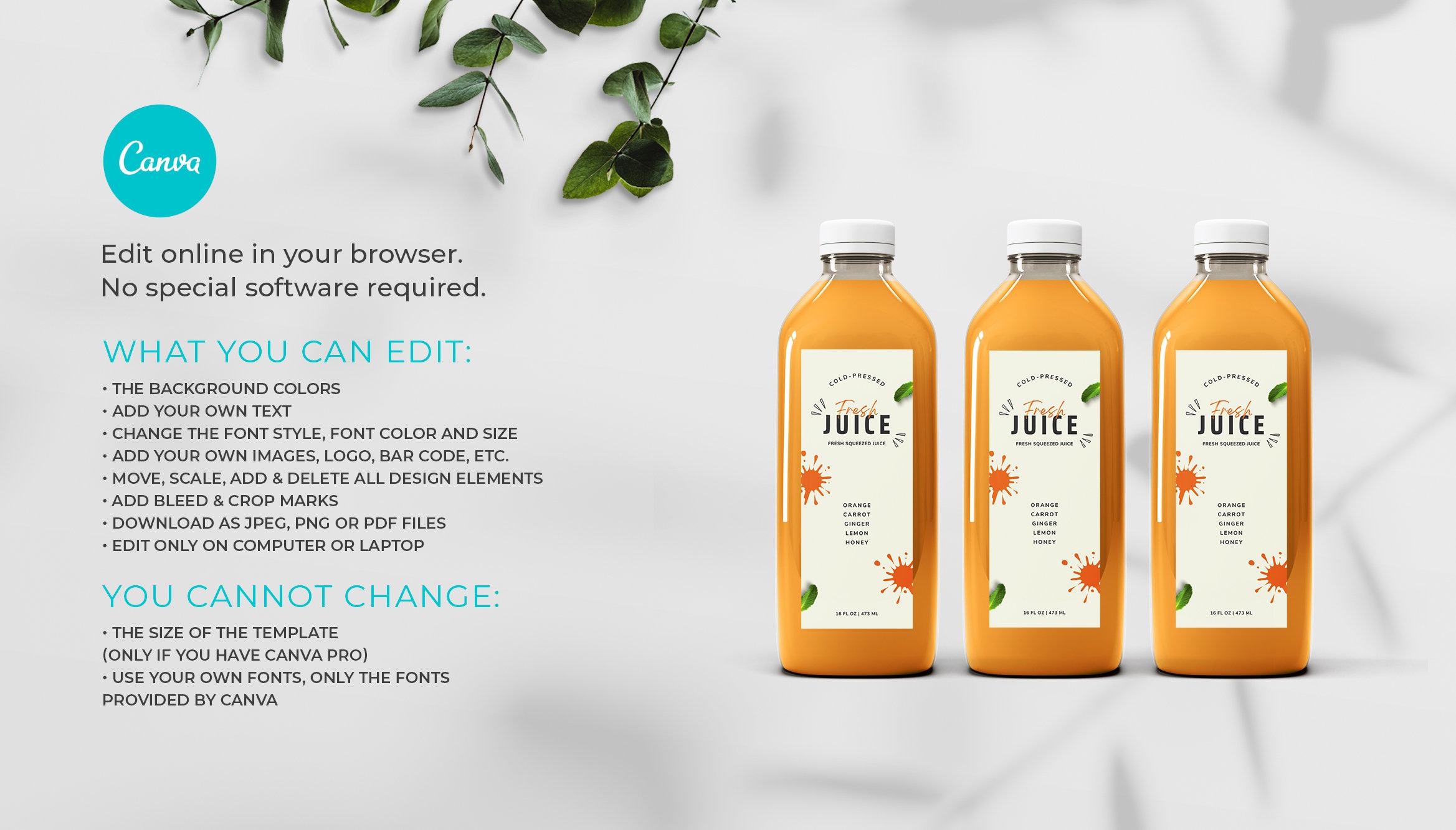 Juice Bottle Labels Template, Homemade Juice Label, Editable Juice