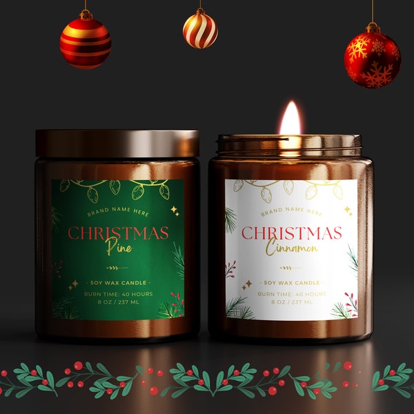 Plantilla de etiquetas de velas navideñas, etiqueta de velas Canva, regalos de Navidad, diseño de etiquetas de velas de lujo, etiquetas de velas en tarro, empaque de velas