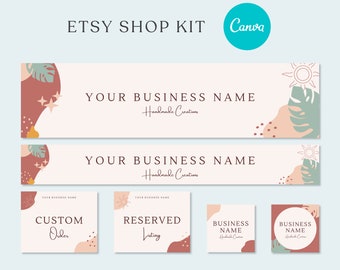 Può includere: Banner e grafica per social media per kit di negozio Etsy con uno schema di colori rosa, marrone e verde. La grafica presenta un sole, foglie e stelle. Il testo recita "YOUR BUSINESS NAME Handmade Creations".